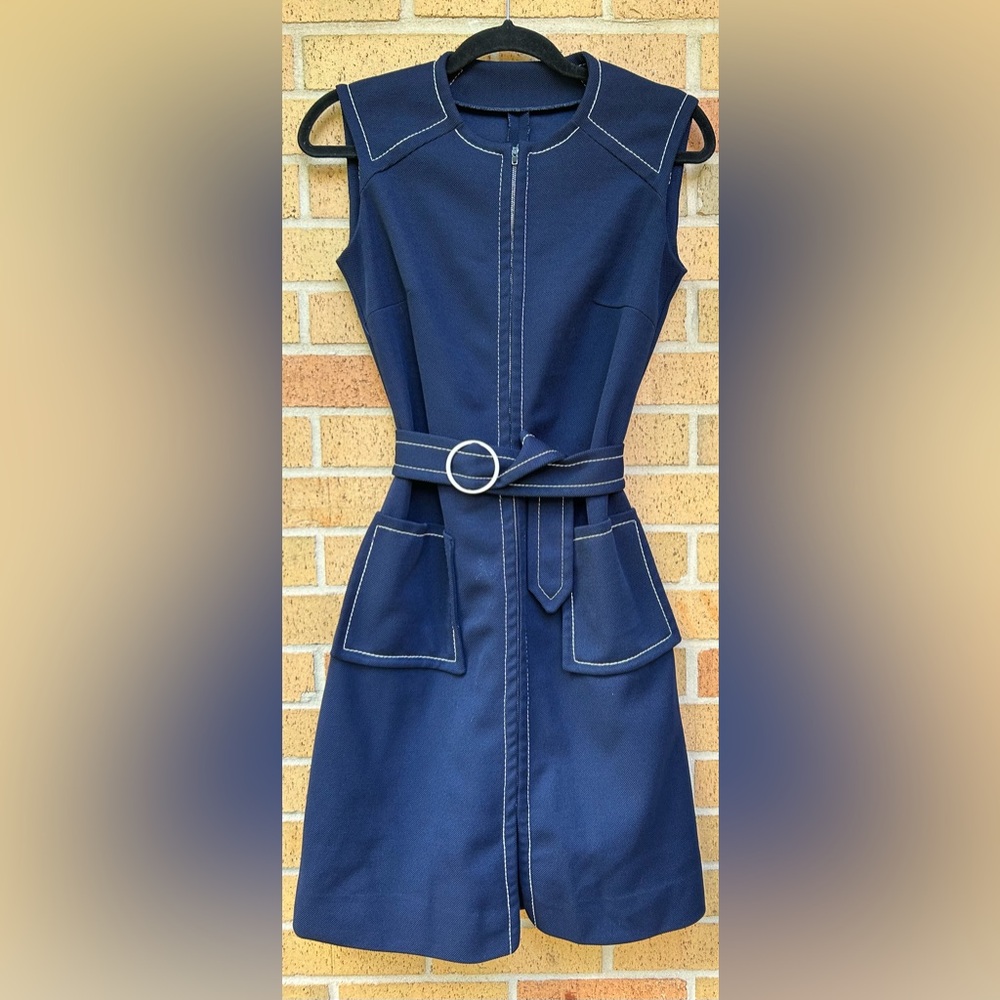 Vintage 1960-1970s Union Made Navy Blue Mod Dress Small